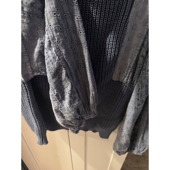 Fate Sweaters - Fate Womens Blue Mixed Media Eyelet Paisley Balloon Sleeve Ribbed Sweater Size M